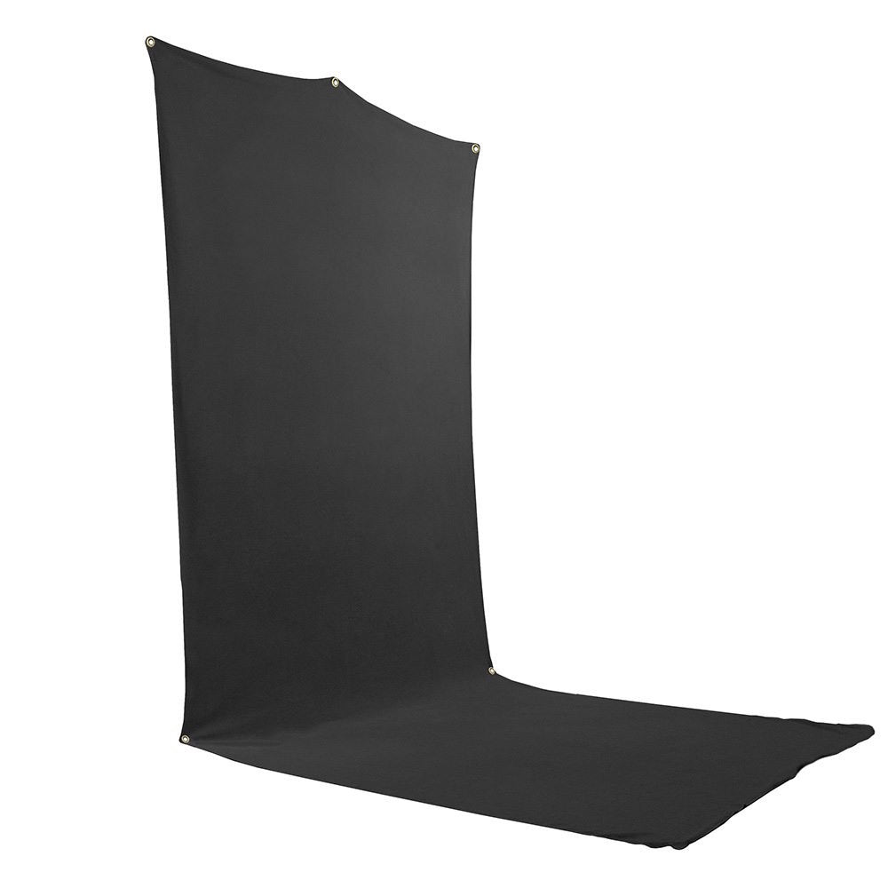 Portable seamless black fabric background, ideal for beginners and image creators on the move. Shown assembled with combined black floor train.