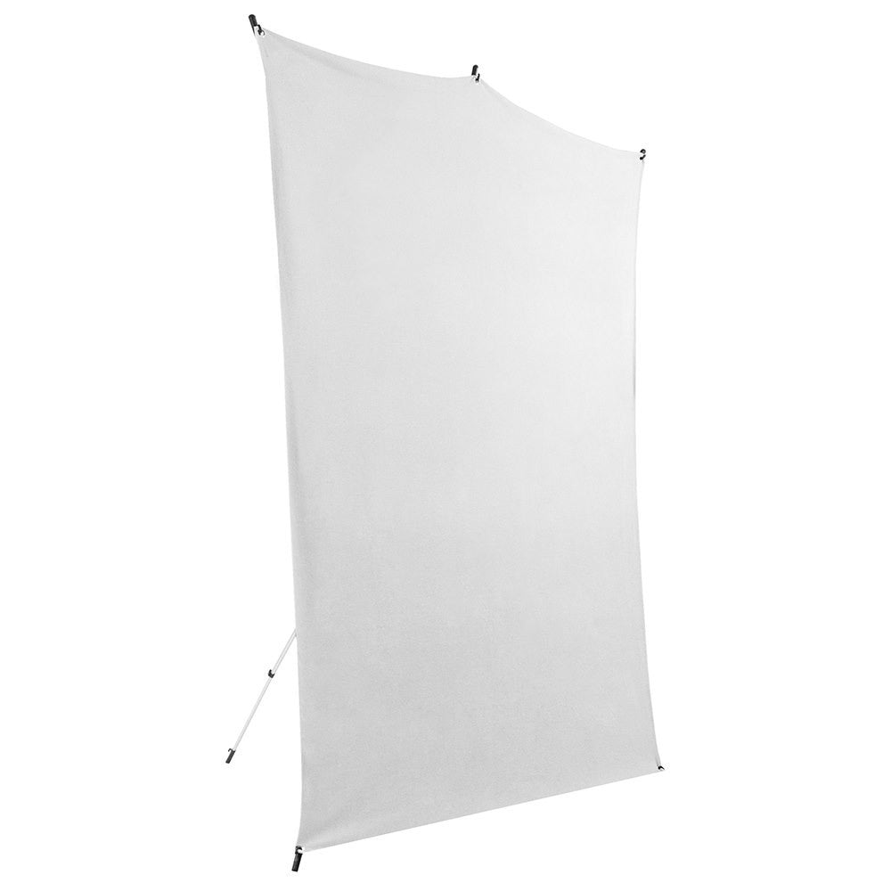 White cloth backdrop for photo sessions. Shown on a frame which is in the background.