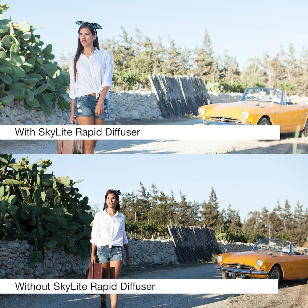 Comparison of a woman standing outdoors with and without a SkyLite Rapid Diffuser, showing light effects.