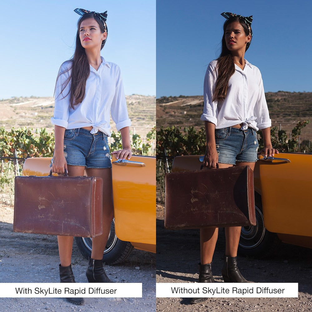 With and without comparison image utilising the Skylite Rapid Fabric Small 1.1 x 1.1m 1.25 Stop Diffuser.