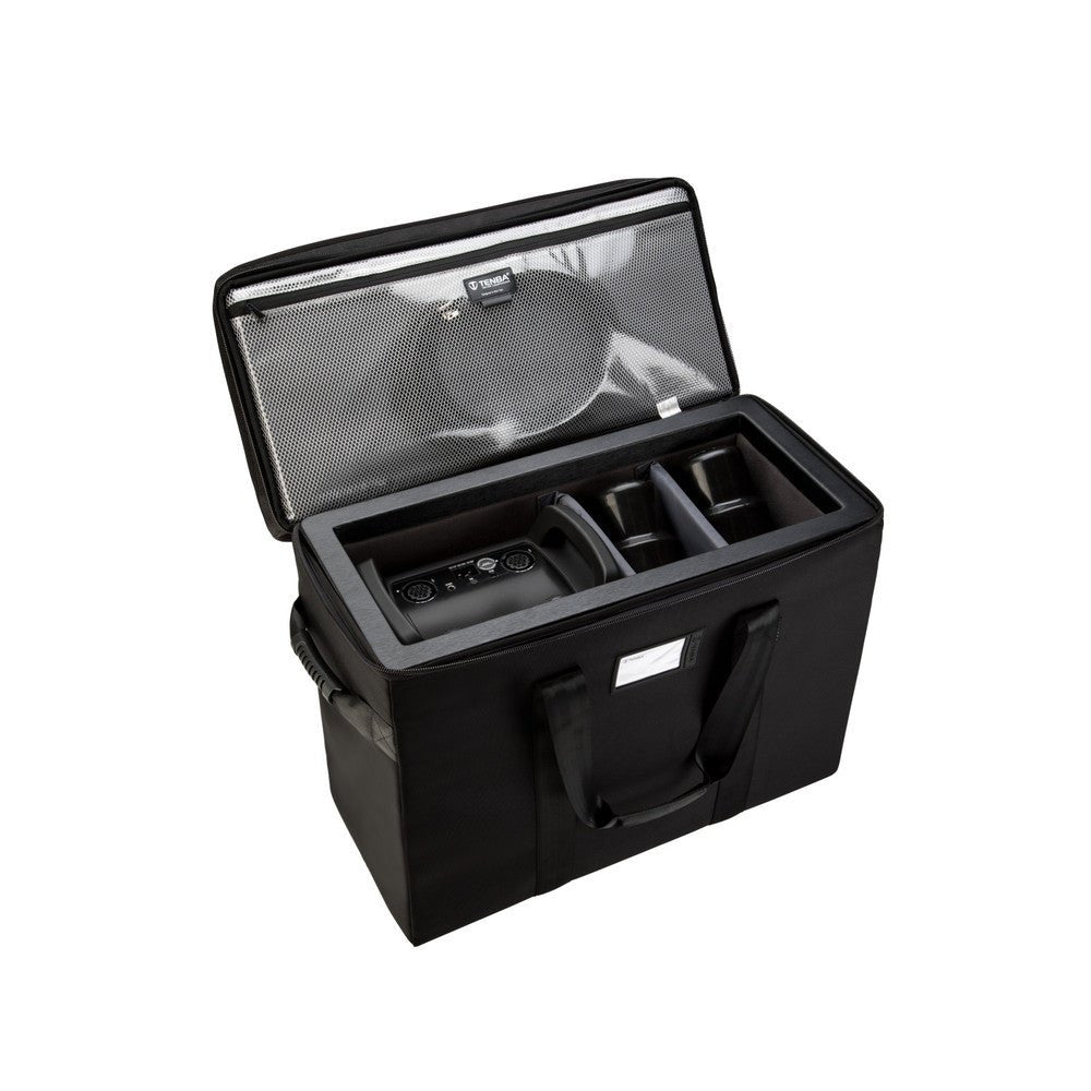 Tenba Air Case top front view showing a Profoto Pro-10 and two heads on a white background.