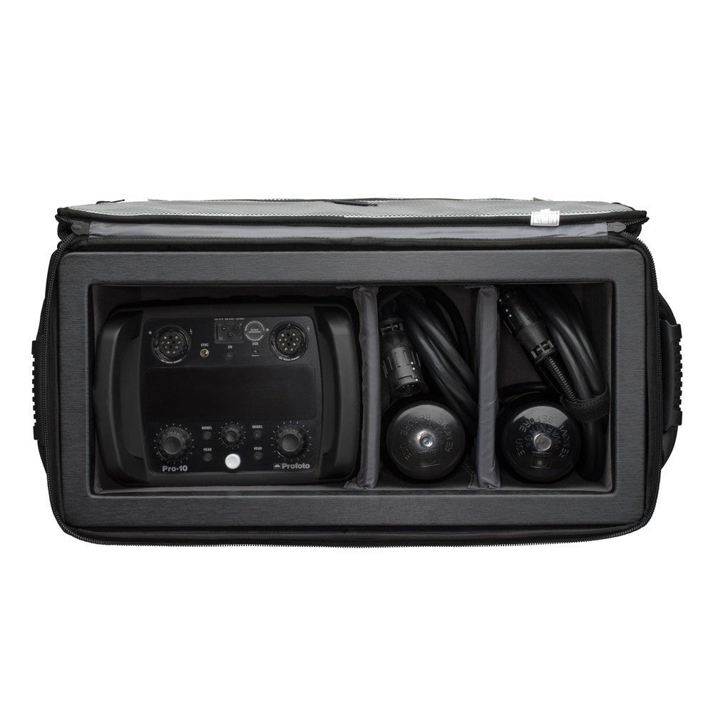 Tenba Air Case top view showing a Profoto Pro-10 and two heads on a white background.