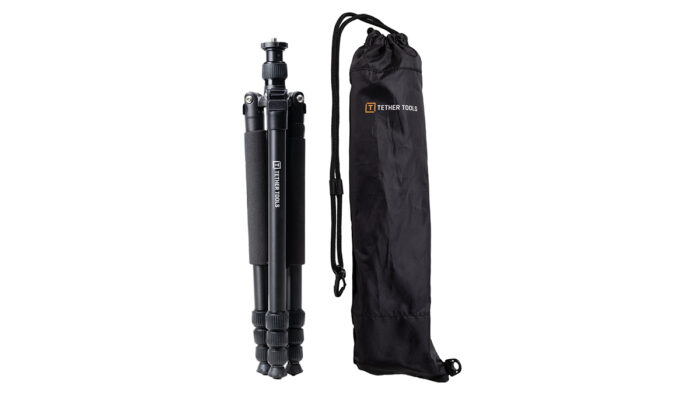 Tether Tools Rock Solid Tripod for AeroTrac Workstation Systems with the accompanying black pouch bag.