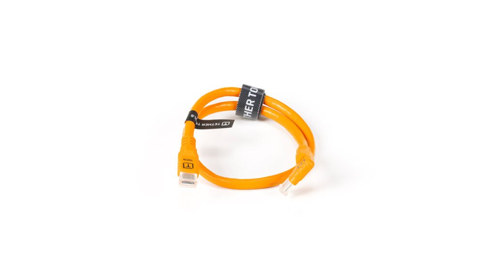 Tether Tools TetherPro Optima 10G USB-C, 20” (51cm), Straight to Right Angle Adapter “Pigtail” Cable, High Visibility Orange.
