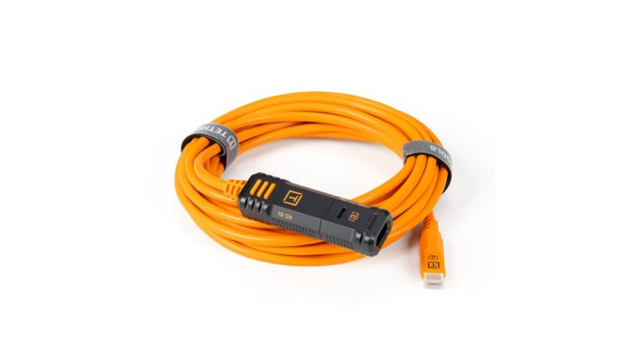 TetherPro Optima 10G TetherBoost Locking Extension Cable 16’ (4.8m) High Visibility Orange.