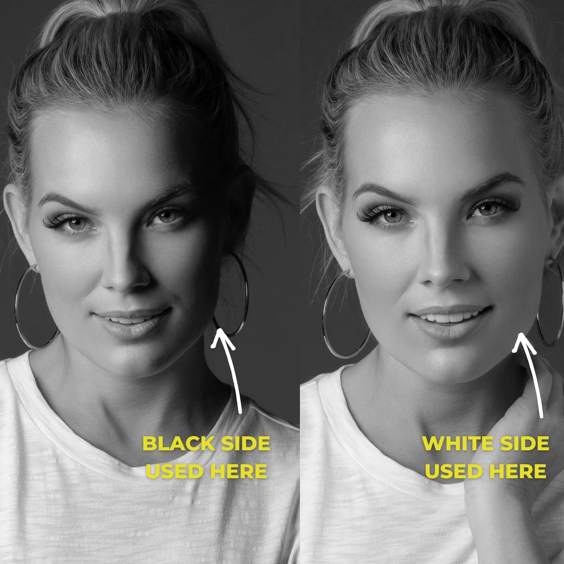 Side-by-side comparison of a woman's face, with black and white sides labeled 'BLACK SIDE USED HERE' and 'WHITE SIDE USED HERE'.