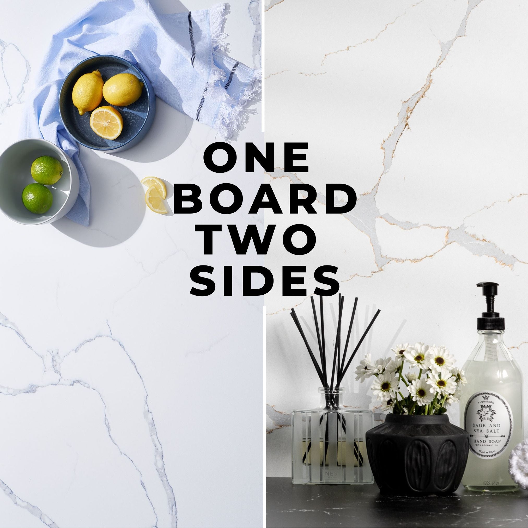 Both colours for the V-Flat Carrara Blue/Calacatta Gold Duo Board.