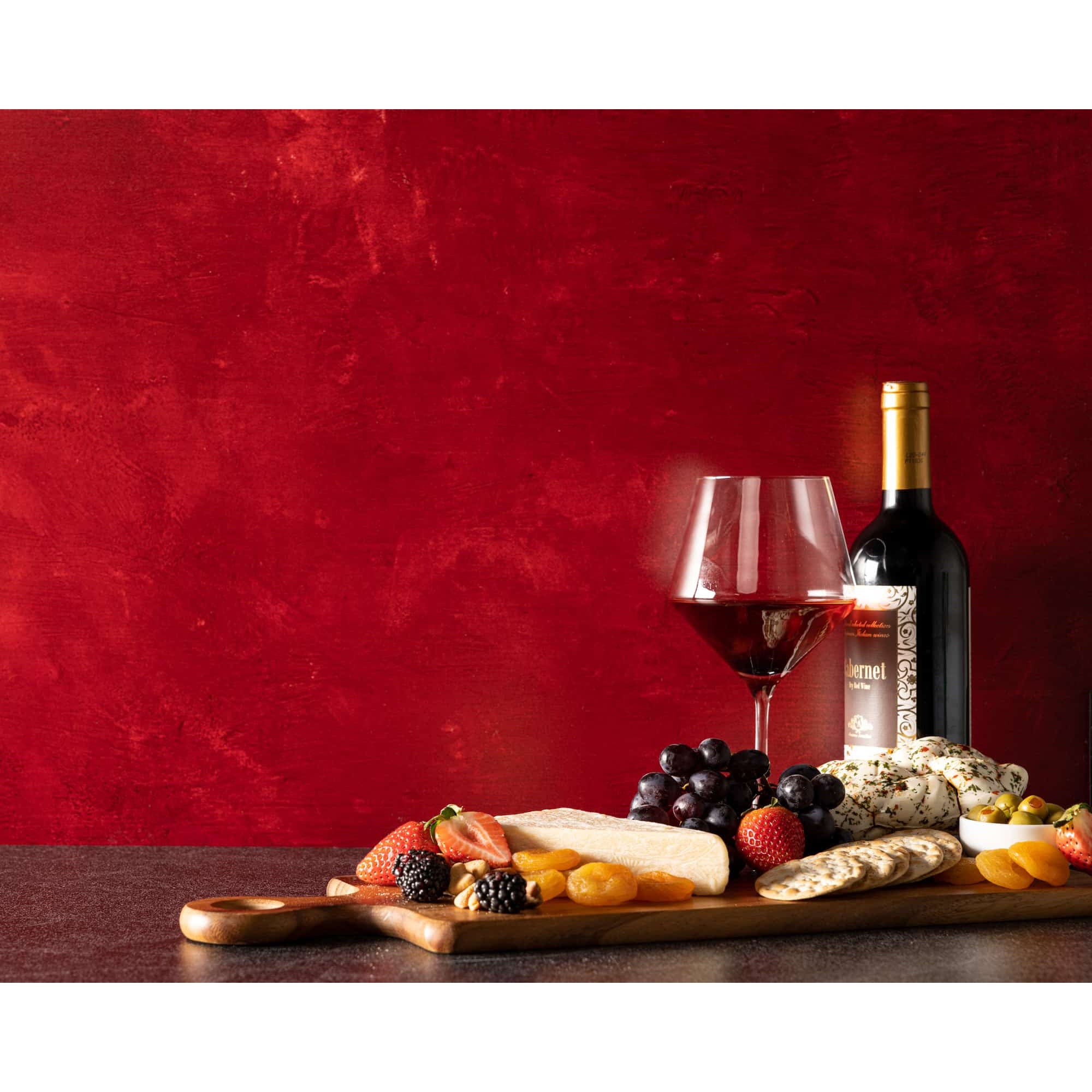 Cobalt Blueberry/Cranberry Crimson - XL with wine, cheese and fruit.