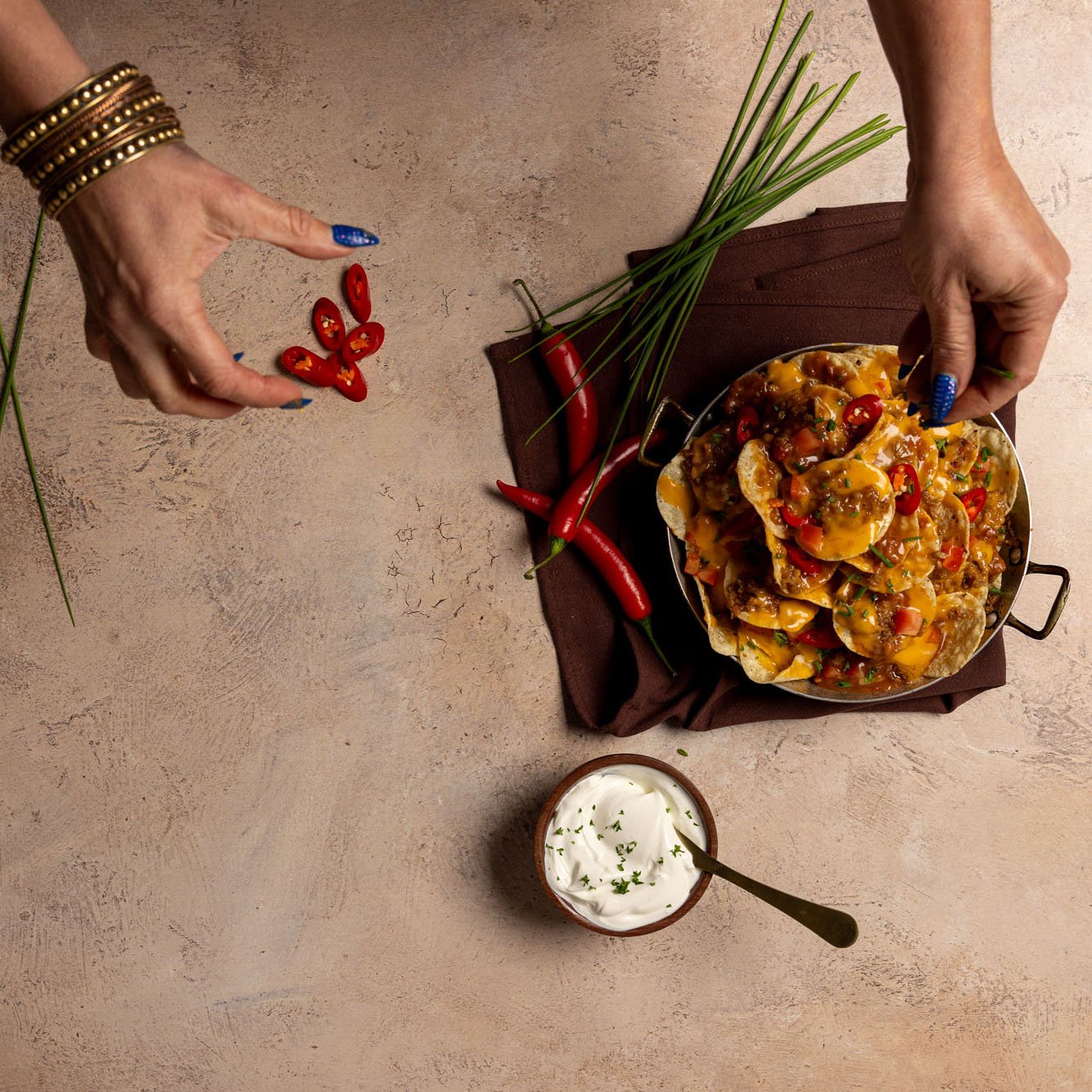 Authentic food being photographed on a V-Flat Dark Roast/Moroccan Mud Duo Board.