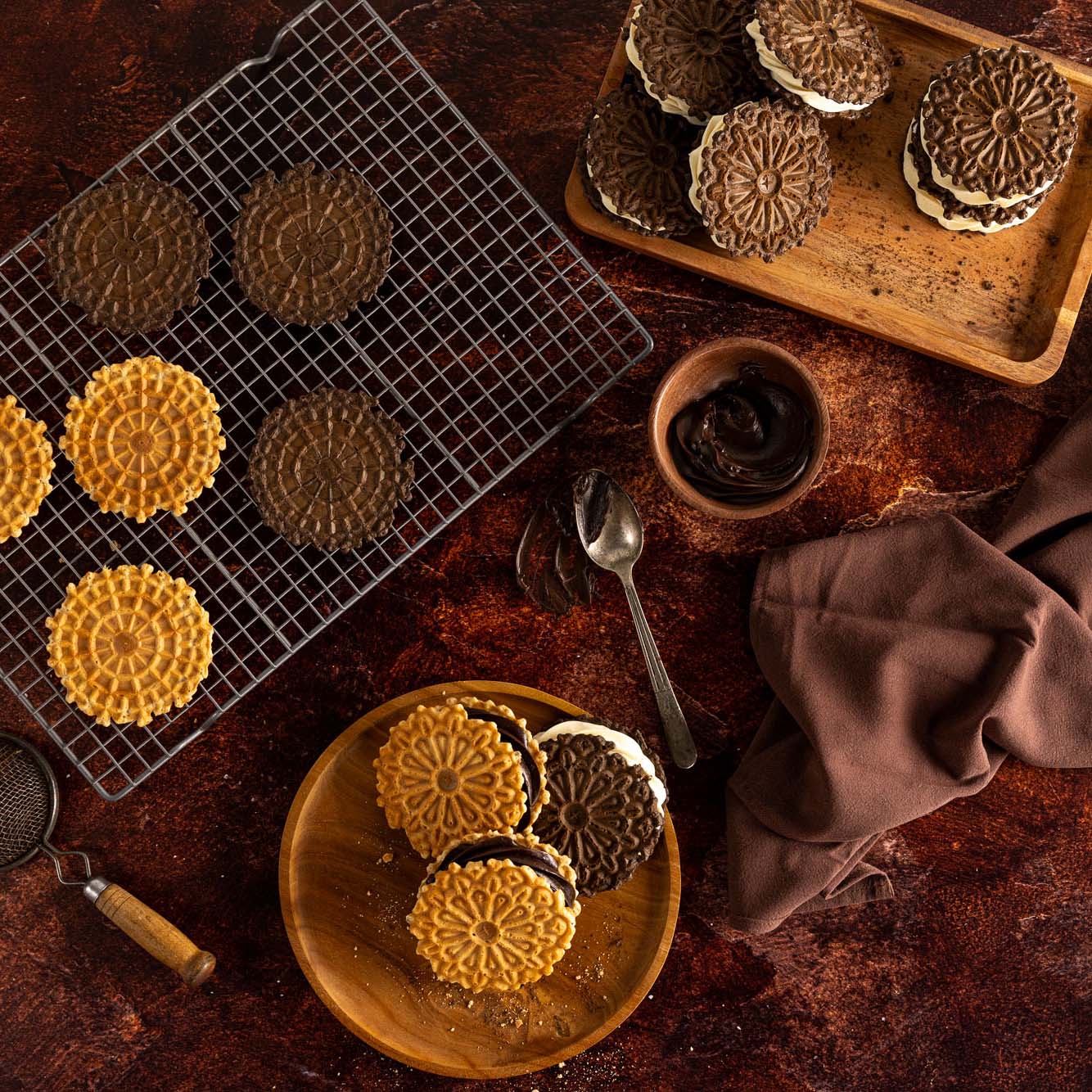 Birds eye view of food being pictured on a V-Flat Dark Roast/Moroccan Mud Duo Board.