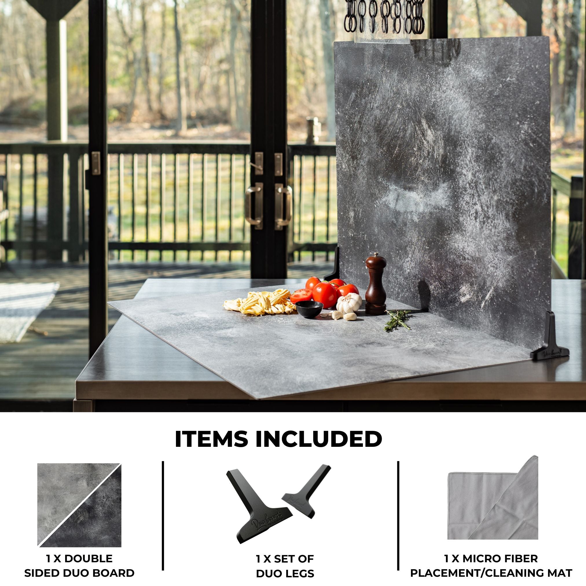 V-Flat Grey Chalk/Dark Chalk - XL Duo Board on a kitchen tabletop.