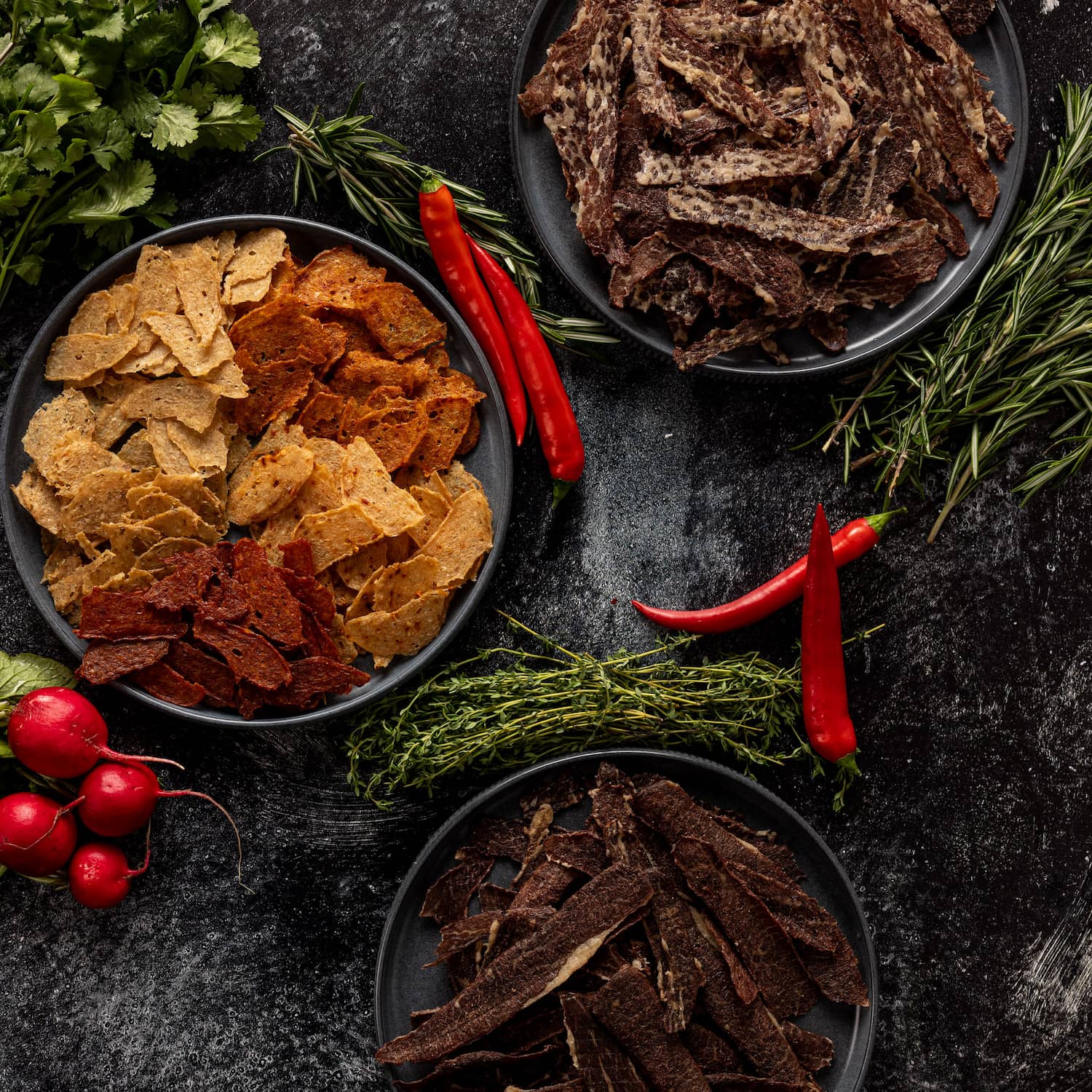 Assorted food pictured with a V-Flat Grey Chalk/Dark Chalk - XL Duo Board background.