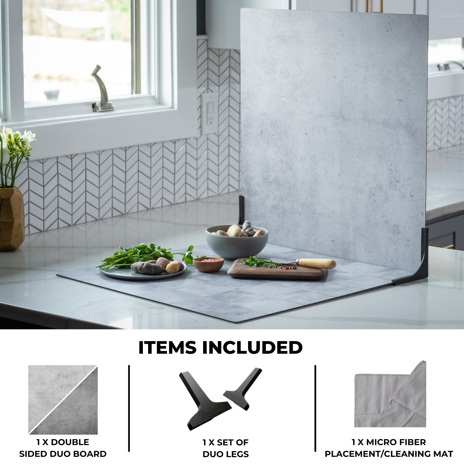 V-Flat Iced Concrete/Midnight Cement Duo Board shown on a kitchen tabletop with all items included.