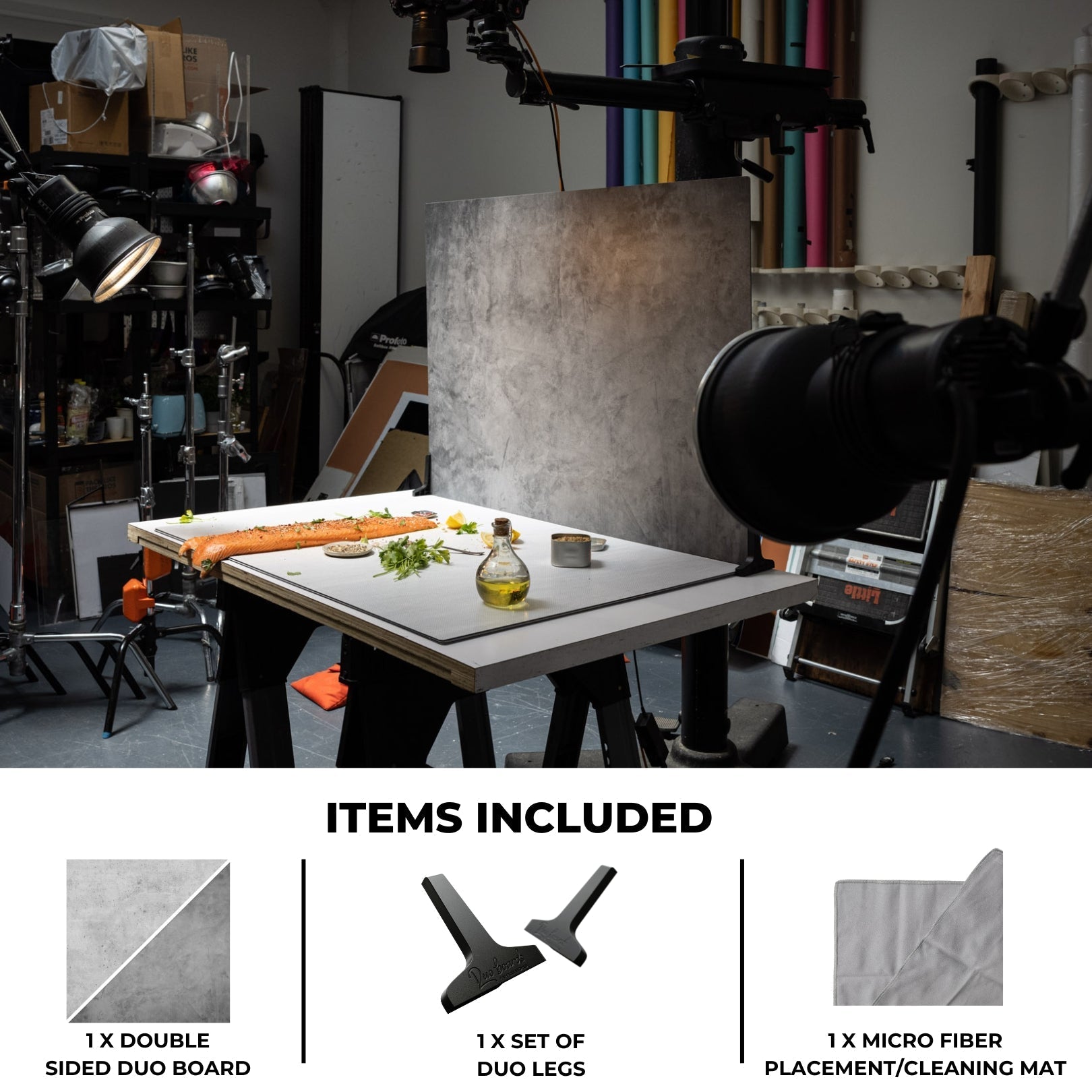 V-Flat Iced Concrete/Midnight Cement - XL Duo Board on a tabletop capturing small subjects.