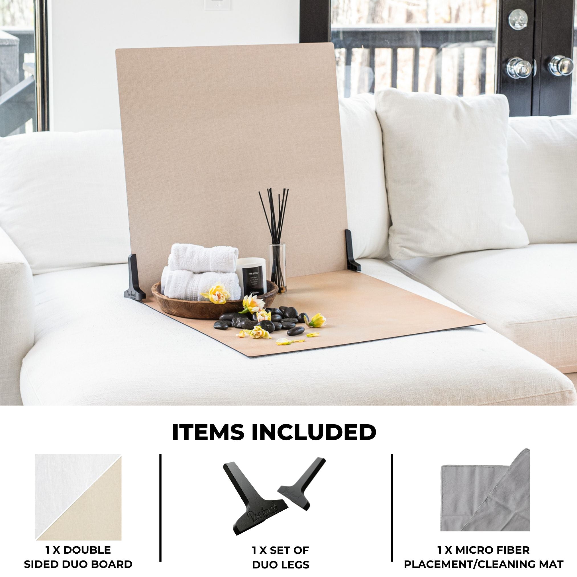 V-Flat Linen White/Linen Cream Duo Board on a sofa with small products.