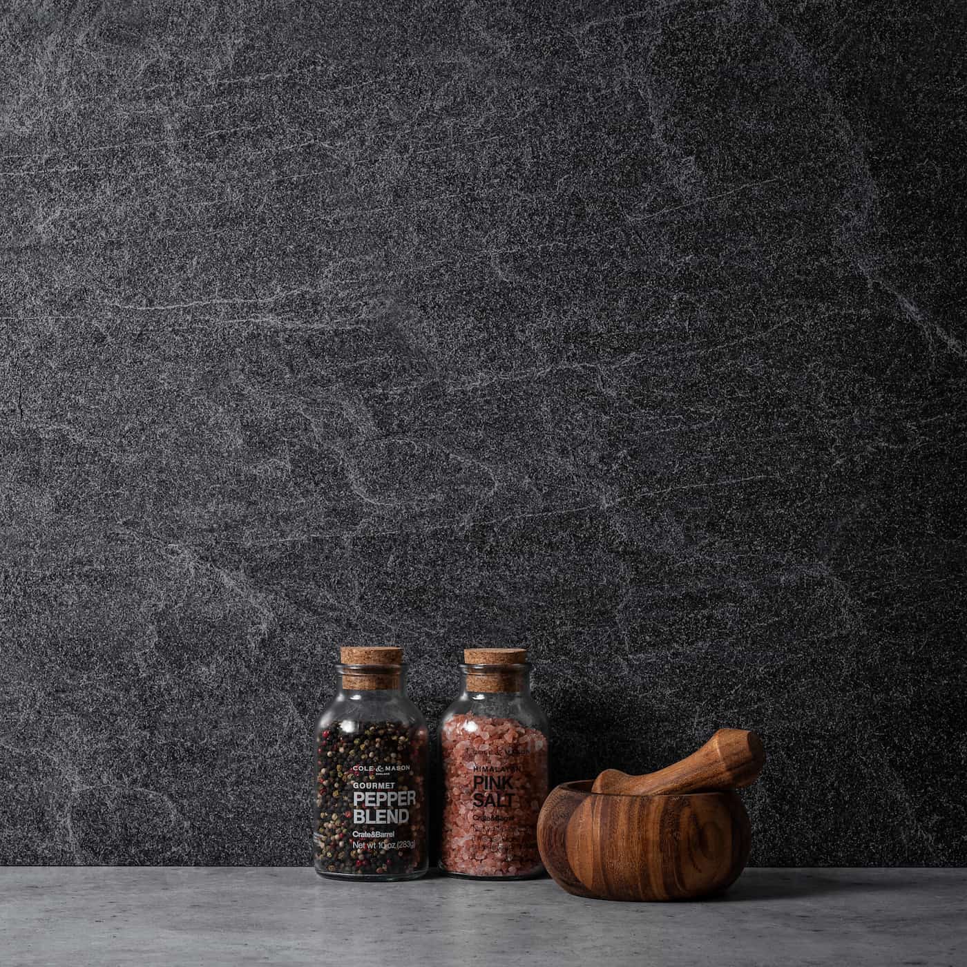V-Flat Ocean Slate/Black Slate being shown with salt pots.