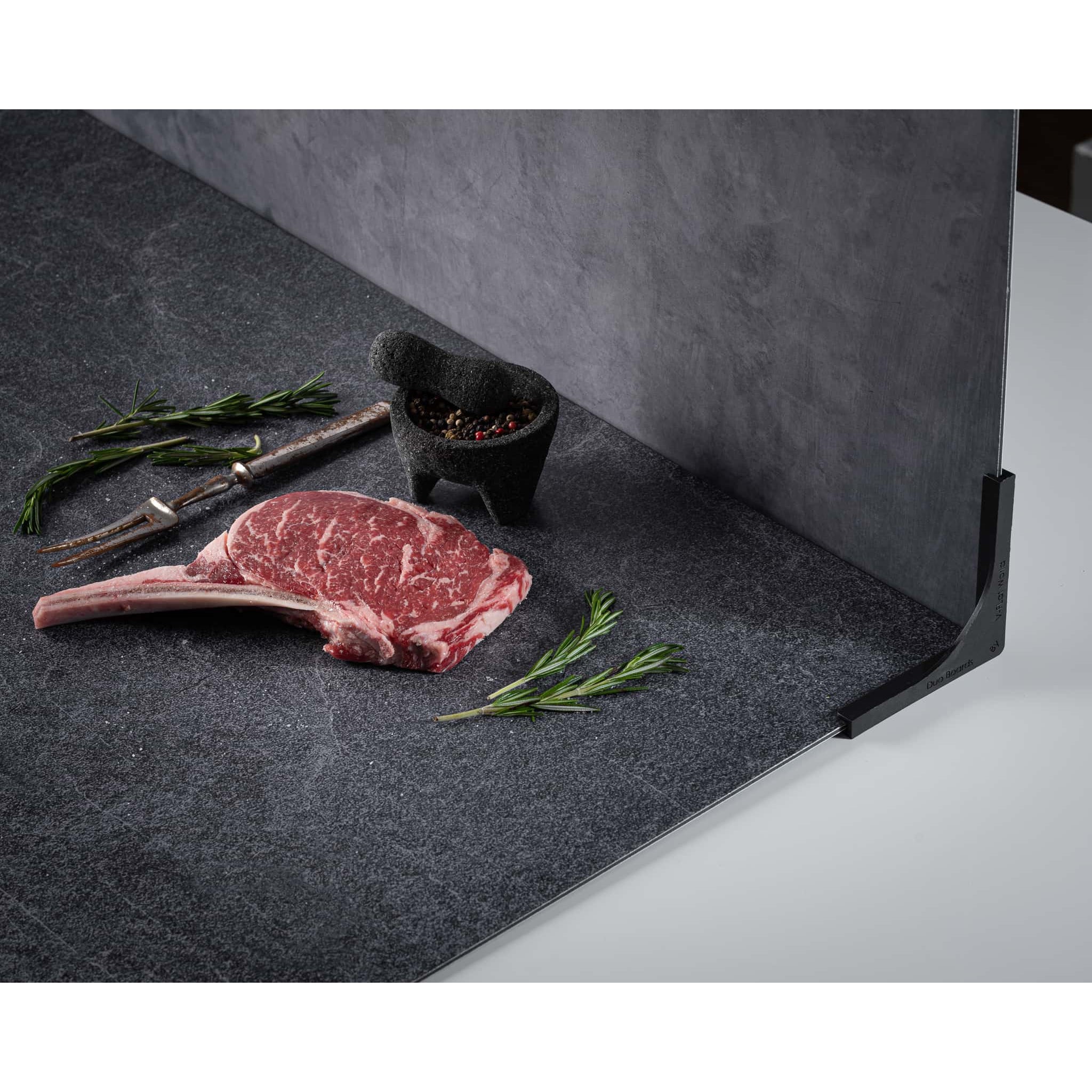 V-Flat Ocean Slate/Black Slate - XL Duo Board with steak as the subject.