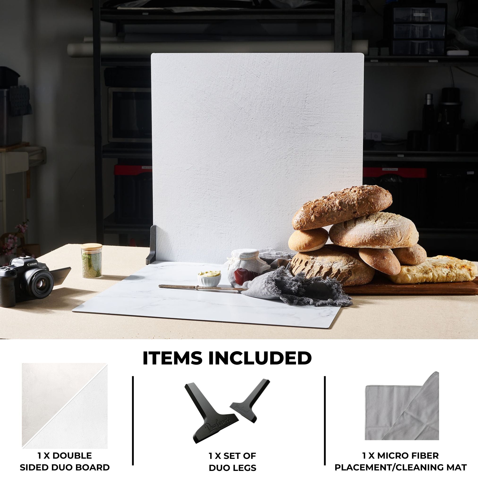 V-Flat Raw Concrete/Vintage Plaster Duo Board being used on a kitchen tabletop.