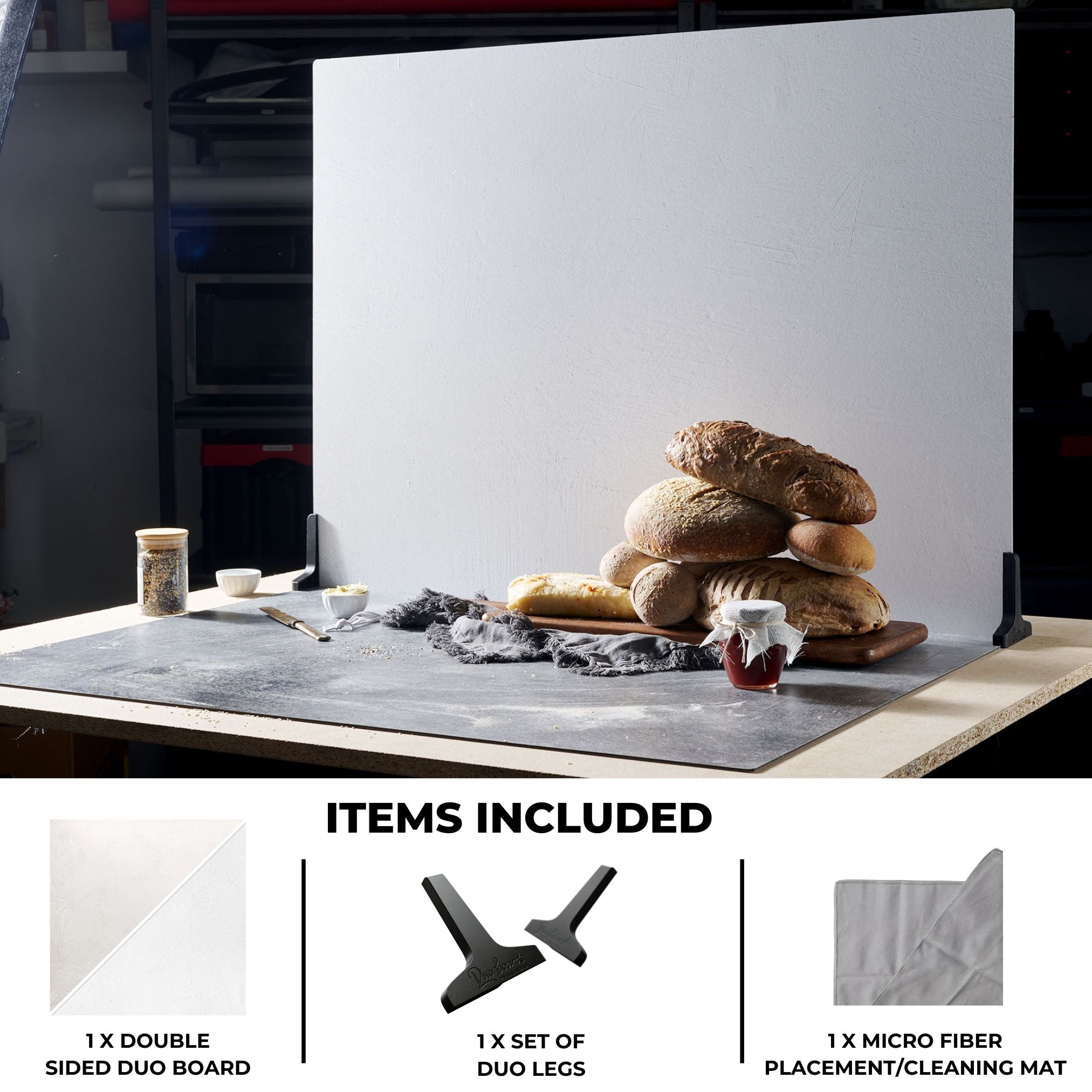 V-Flat Raw Concrete/Vintage Plaster - XL Duo Board with a studio environment created, capturing loaves of bread.