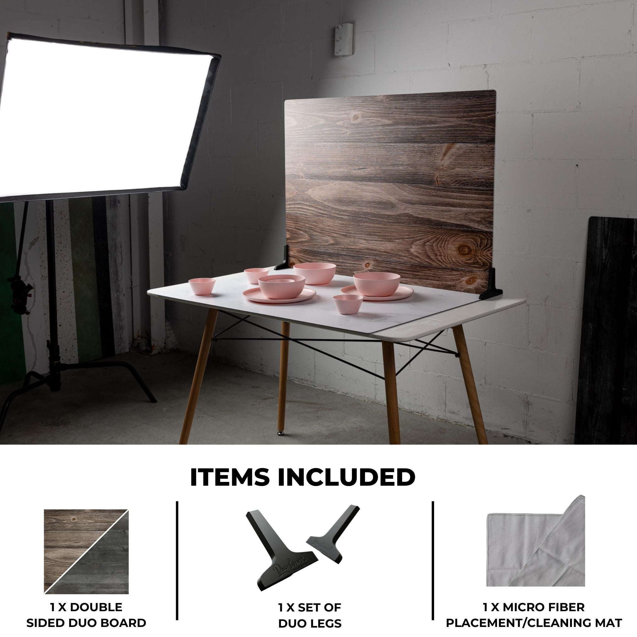 V-Flat Vintage Oak/Ink Hardwood - XL Duo Board being used in a photoshoot environment with kitchen products.