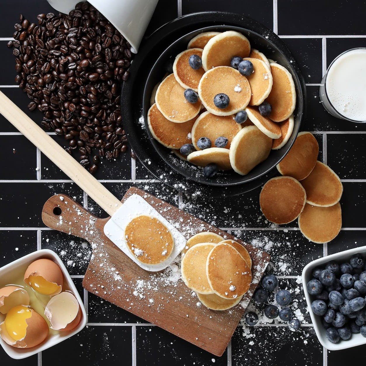 Pancakes and various other ingredients shown utilising a V-Flat White Subway / Ebony Subway Duo Boards.