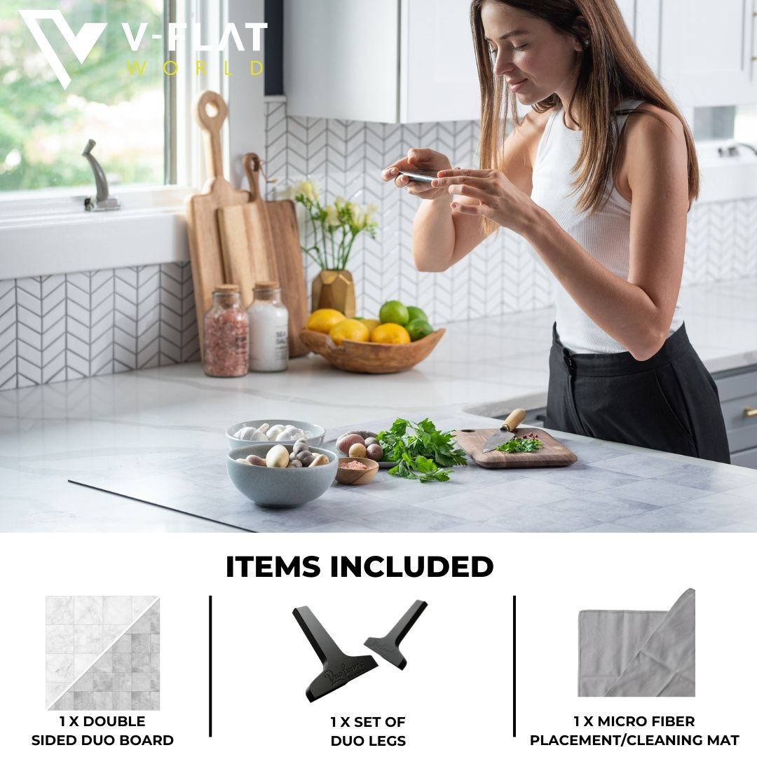 V-Flat Wisp/Pebble - XL Duo Board being used on a kitchen tabletop.