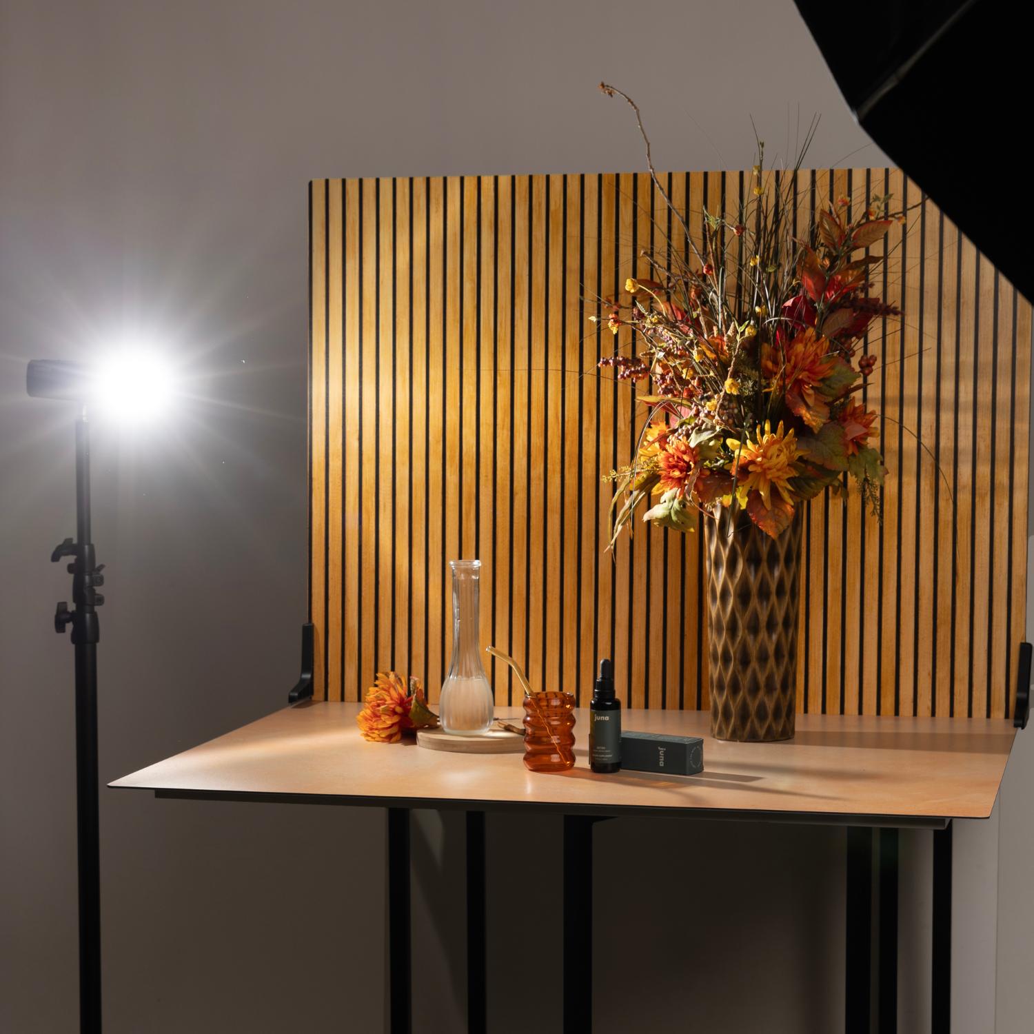 A studio environment utilising a V-Flat Wood Slats Light/Wood Slats Dark - XL Duo Board.