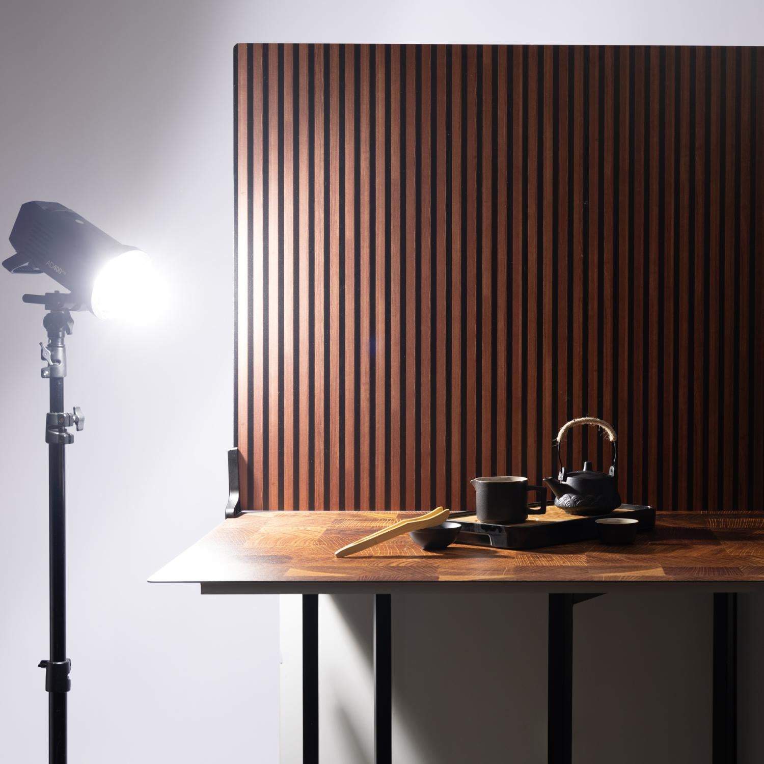 V-Flat Wood Slats Light/Wood Slats Dark - XL Duo Board with light shining onto a subject.