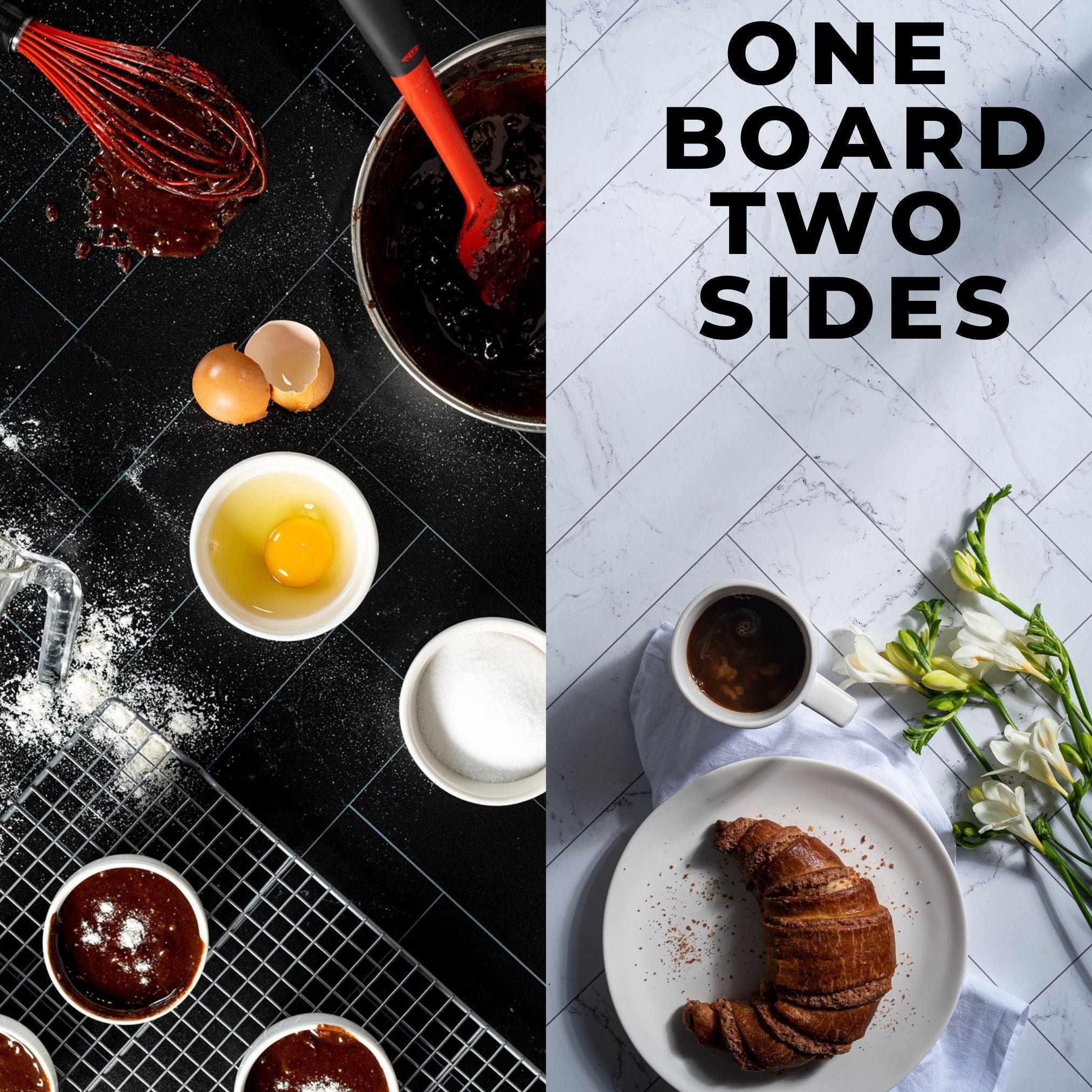 Both sides of the V-Flat Zigzag Marble White/Zigzag Marble Black Duo Board shown in differing scenarios.