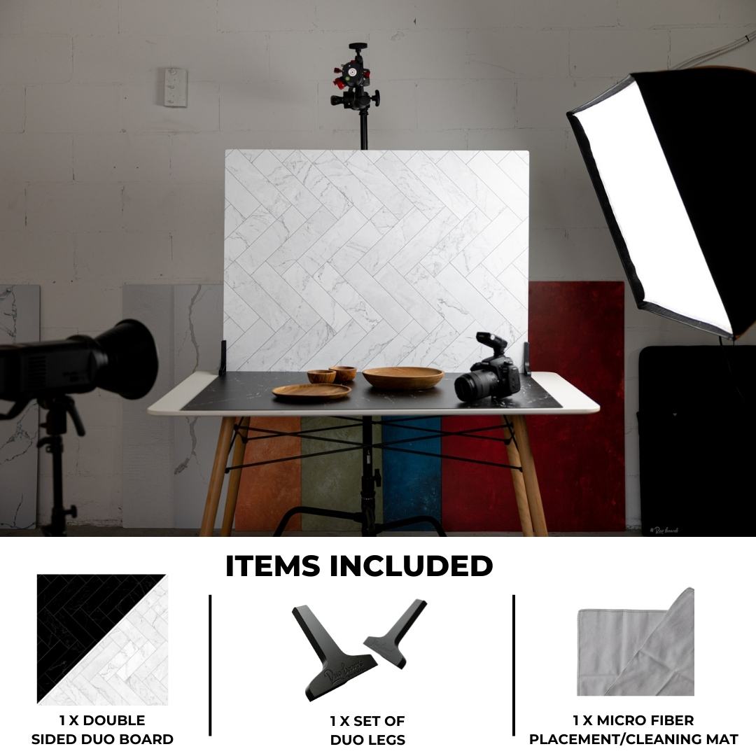 V-Flat Zigzag Marble White/Black Duo Board shown in a photoshoot environment.