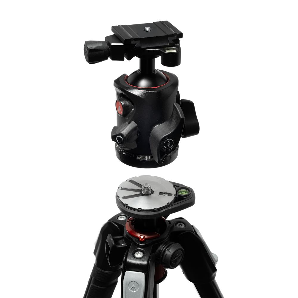Manfrotto X-PRO ball tripod head elevated off the tripod.