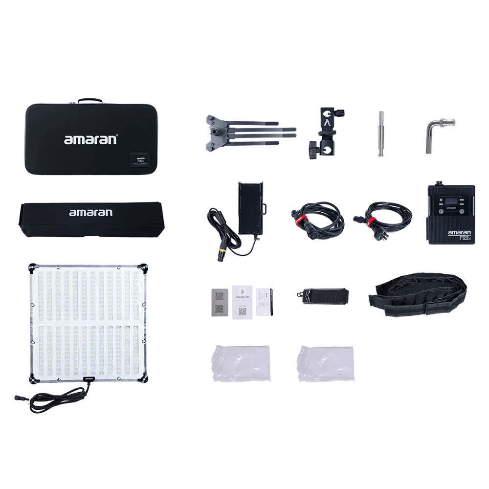 A Representation of all the products included in the Amaran F22x LED Panel on a transparent background.