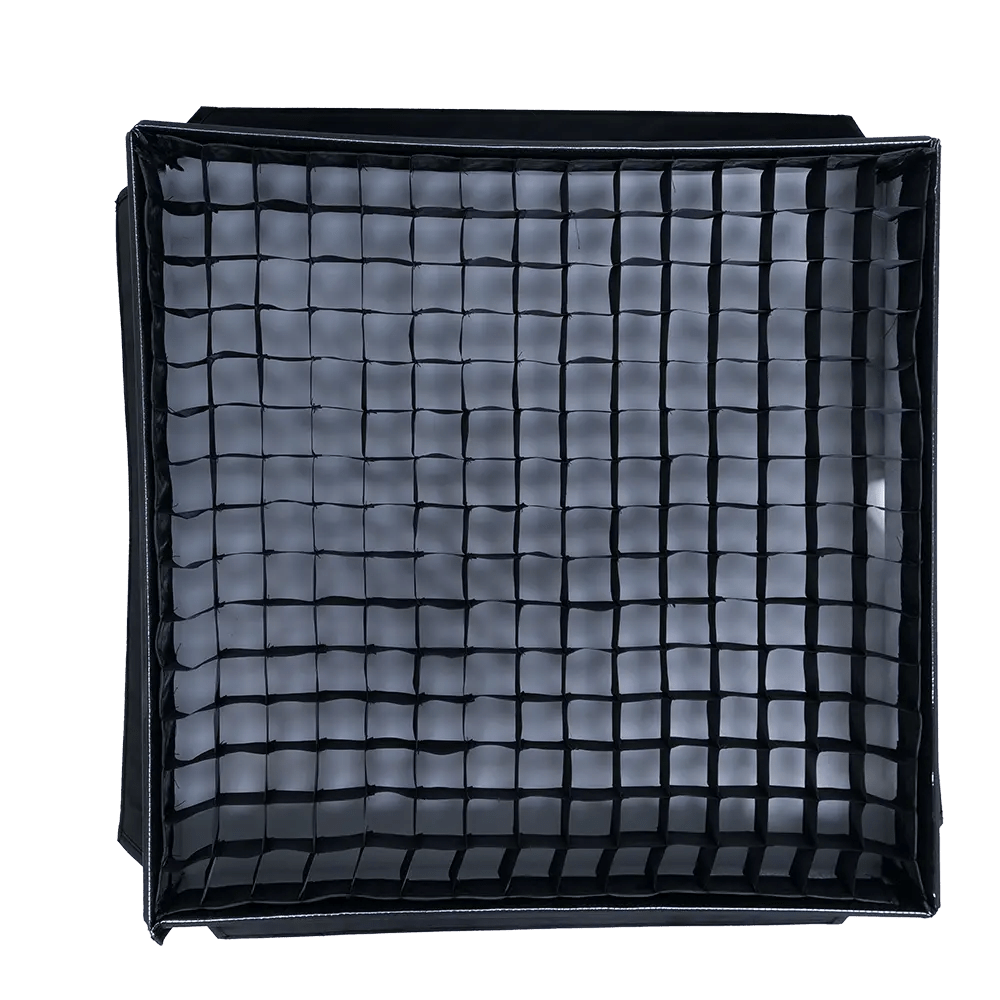 Amaran FF2x LED Panel light with a Honeycomb Grid attached on a transparent background.