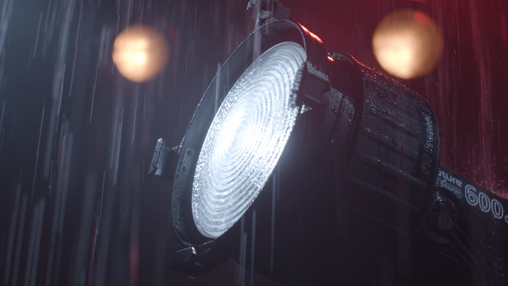 Aputure F10 Glass Fresnel in the rain.