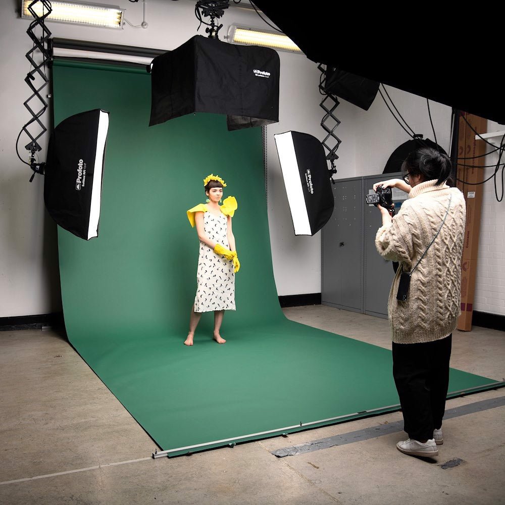 Studio setup with Profoto softboxes incorporating the Spruce Green Seamless Background.