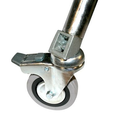 Doughty Easylift caster shown in detail on a chrome Easylift stand leg.