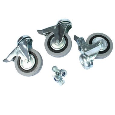 A set of three Doughty Casters (wheels) for teh Doughty Easylift stand. Three wheels shown with the three attachment bolts.