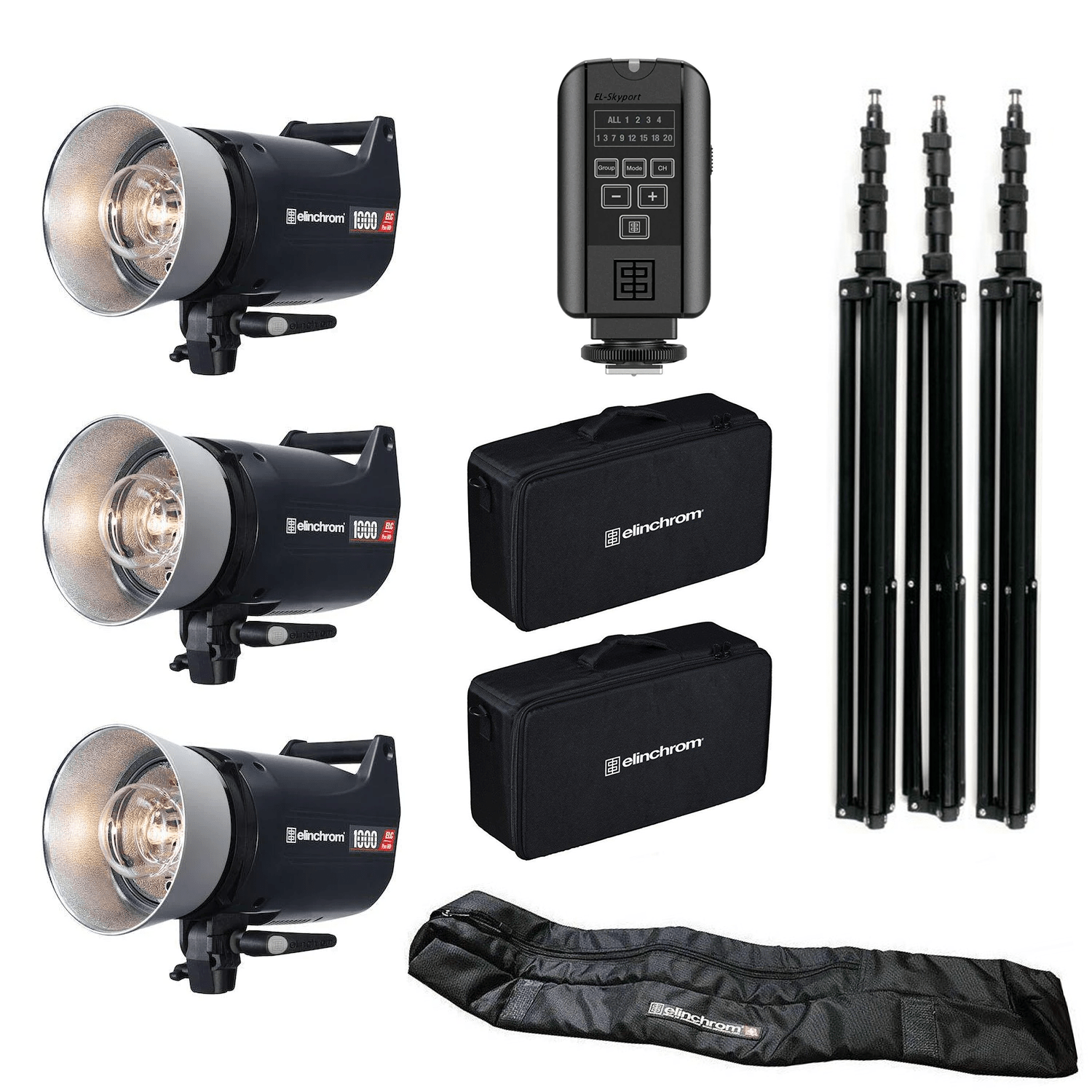 The image shows a set of Elinchrom ELC Pro HD flash units with stands, transmitters, and cases displayed against a white background.
