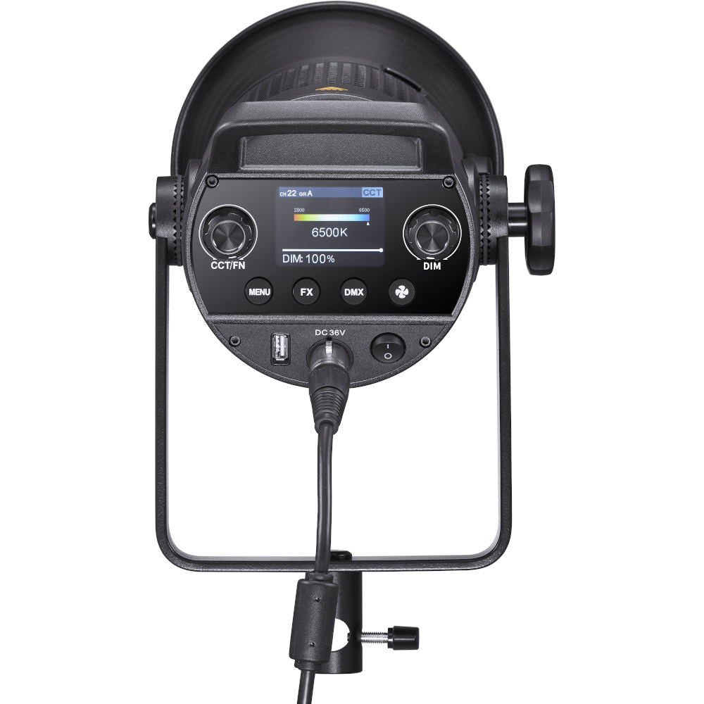 Godox SZ200Bi LED Bi-Coloured light showing the supplied standard reflector, full rear view and showing the display.