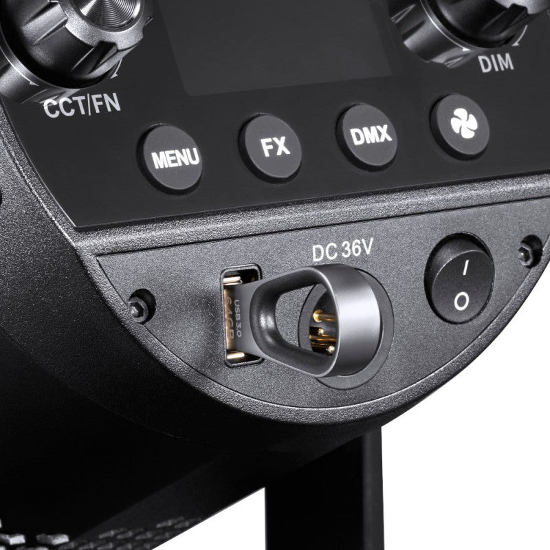 Godox Bi-colour zoom led fixture, showing the USB port.