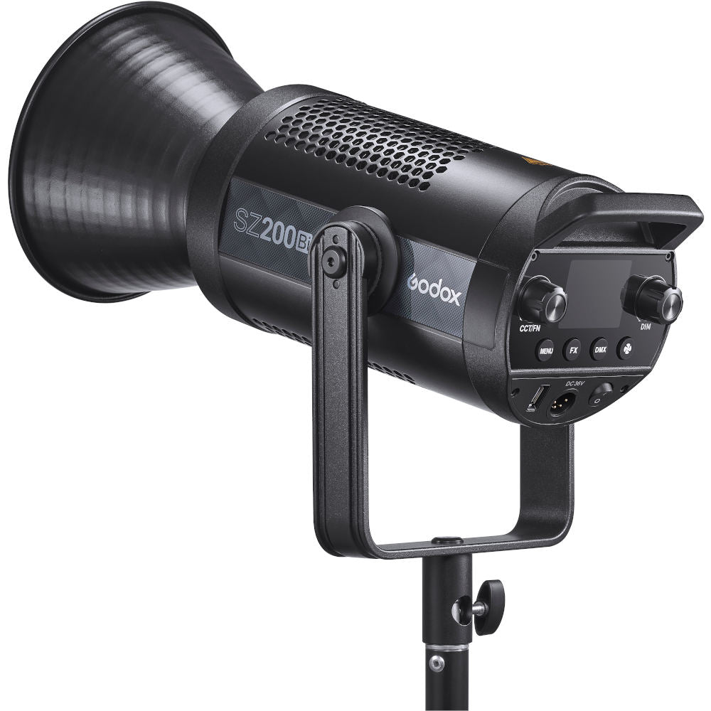 Godox SZ200Bi LED Bi-Coloured light showing the supplied standard reflector, left rear.