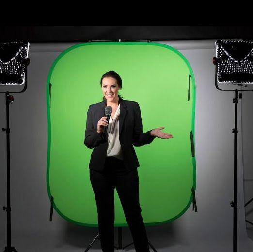 Lastolite Collapsible 1.8x2.75m Chromakey Green Background with a Female Presenter pictured.
