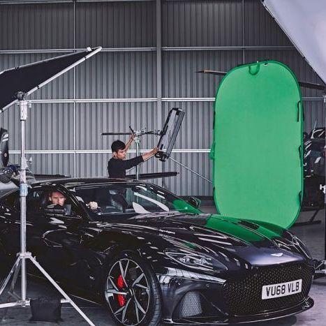 Lastolite Collapsible 1.8x2.75m Chromakey Green Background being utilised during production to create an alternative setting for effect.