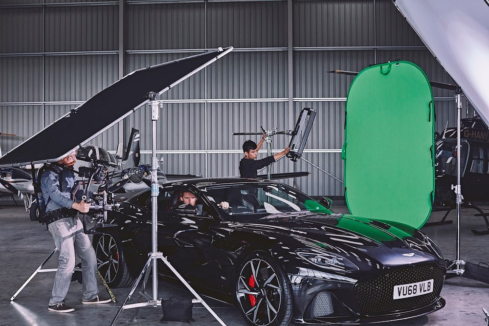 Lastolite reversible background utilised onset with actor and supercar.