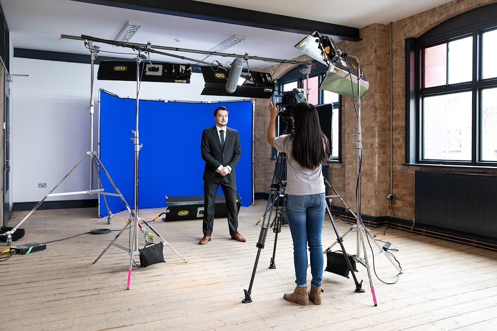 A studio setup using a Lastolite Panoramic Chromakey Blue Background.