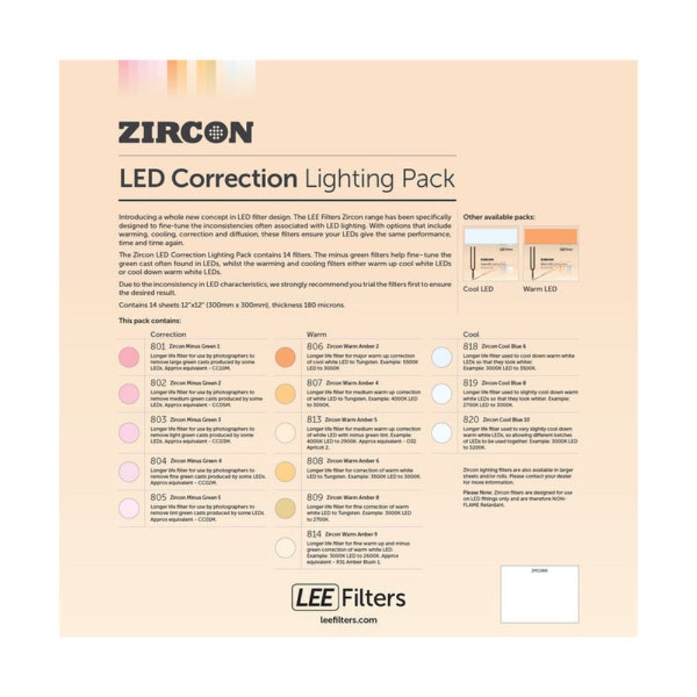 LEE Filters Zircon LED Correction Lighting Pack - 14 Sheets (12" x 12")