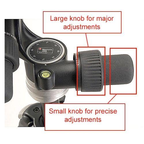 Manfrotto 405 Precision Geared Head, close up view showing geared drives, bubble level and details on thow the Geared Head orks.