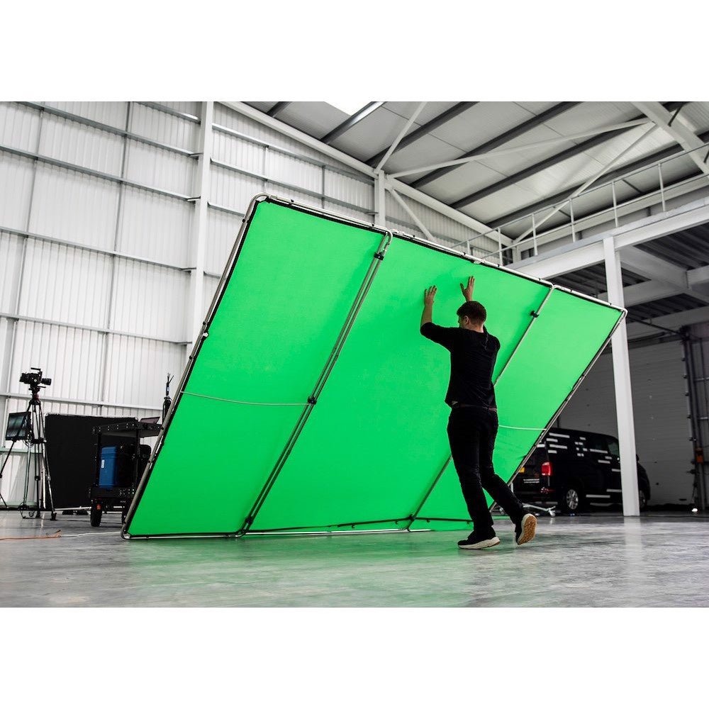 Manfrotto Chroma Key FX Cover Green 4x2.9m (COVER ONLY, frame NOT included) - item being set up in a warehouse