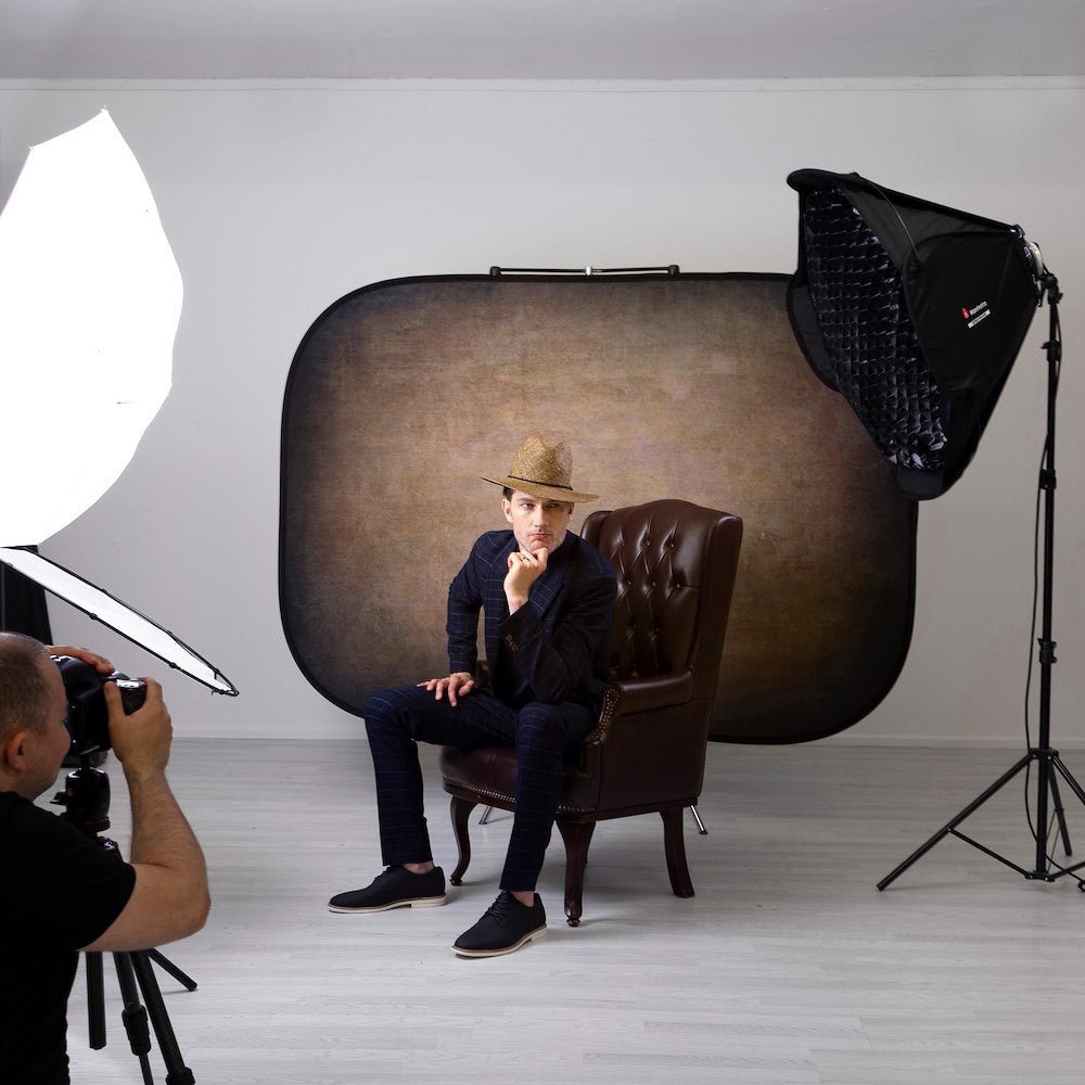 Manfrotto Vintage Collapsible 1.5 x 2.1m Walnut/Pewter background being used on a photo shoot