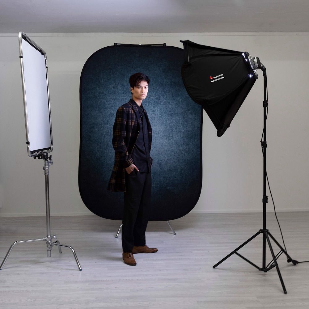 Manfrotto Lastolite Vintage Collapsible Backdrop 1.5 x 2.1m Ink/Sage being used on a photo shoot